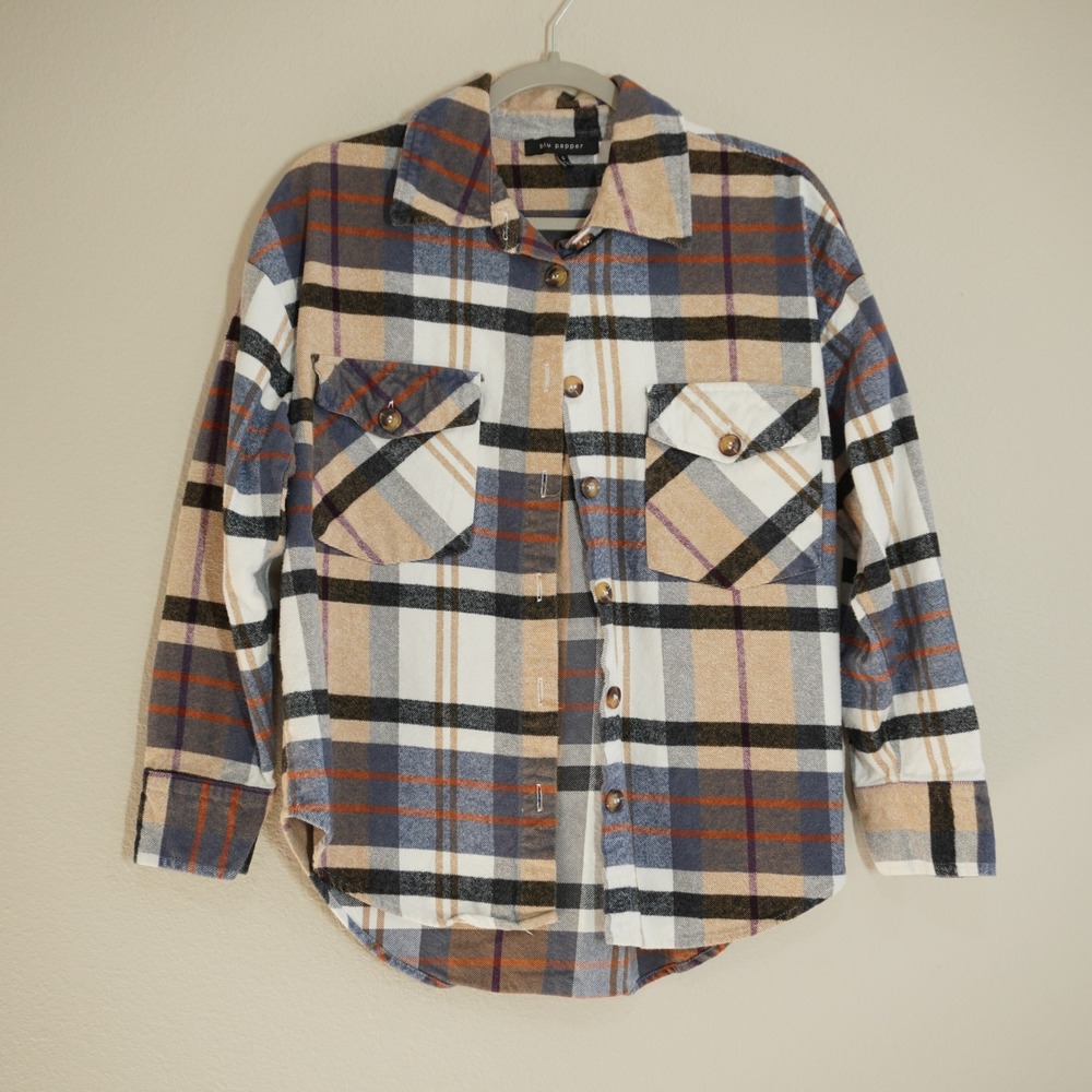 Blu Pepper Shacket Size Small Plaid Button Down Multicolor Cotton Flannel Shirt